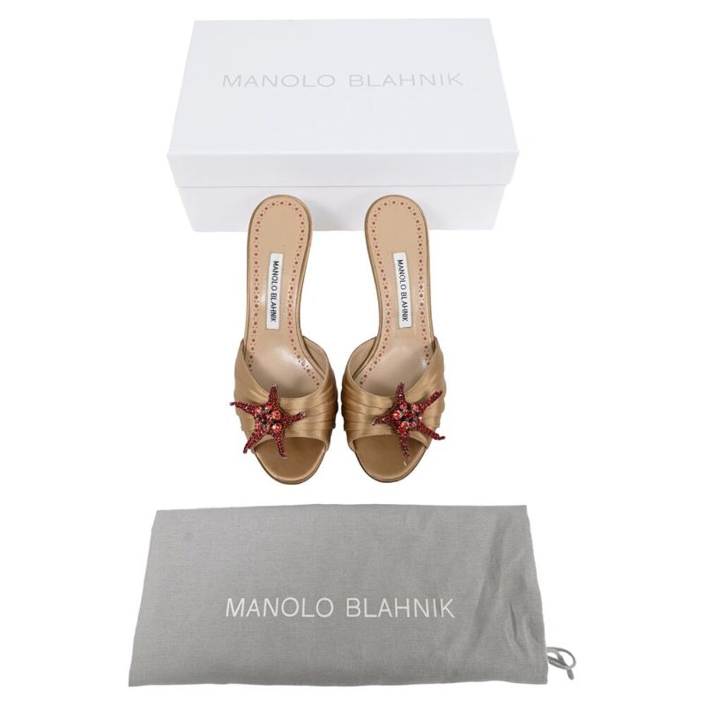 Manolo Blahnik Embellished Slide Sandal Heels in Brown Satin - Picture 9 of 9